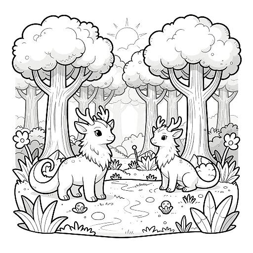 Black-and-white line drawing of two cute, fluffy, deer-like creatures with antlers standing in a forest clearing with large trees and bushes.