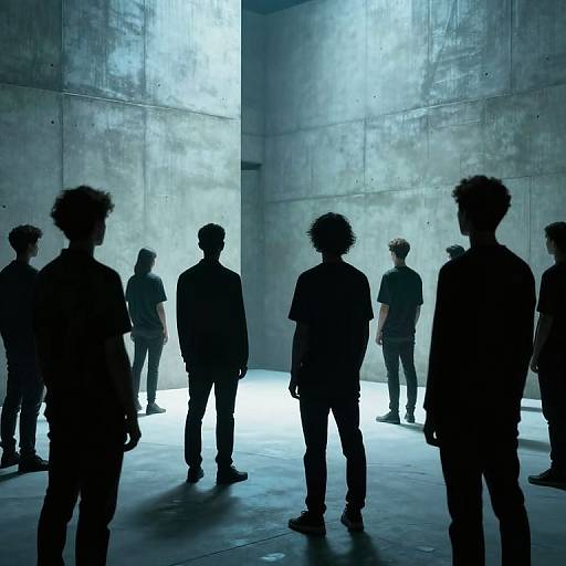 Photograph of silhouetted people with curly hair standing in a stark, blue-lit, concrete-walled modern art gallery, creating dramatic shadows