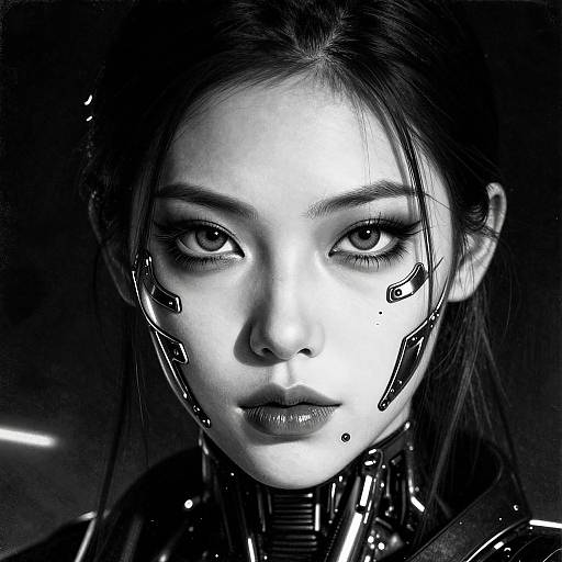Digital black-and-white portrait of a young Asian woman with cybernetic facial enhancements, glossy dark hair, and intense, glowing eyes, against a dark