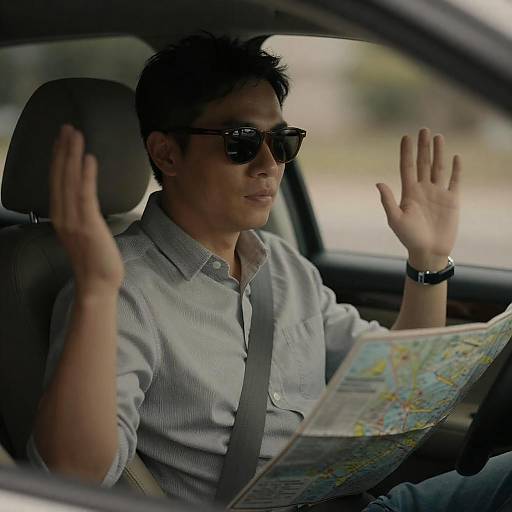 Asian Man in Car with Map at Night