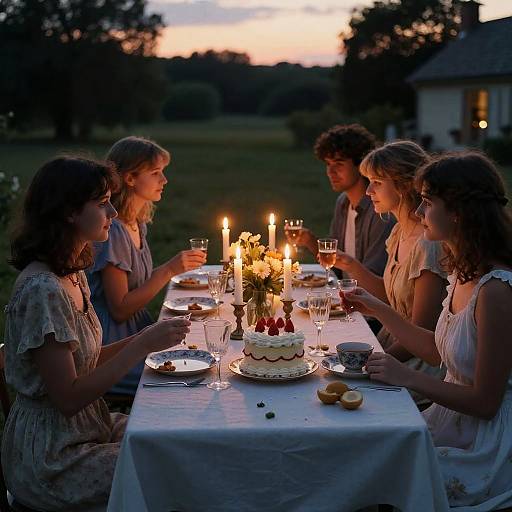 Photograph of six women in white dresses, seated around an outdoor dinner table at dusk, illuminated by candles, celebrating with cake and drinks.