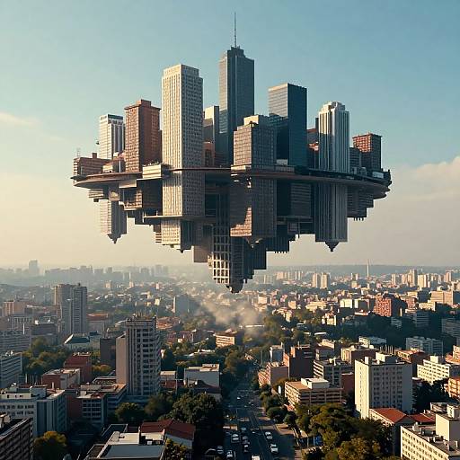 CGI image of a futuristic floating cityscape with a cluster of skyscrapers hovering above a sprawling urban area, bright sunlight, and clear blue sky