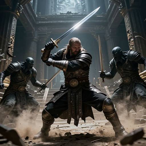 Epic fantasy battle: bearded warrior with glowing sword faces two armored, helmeted foes in a dim, dusty, ancient temple. Dynamic lighting,