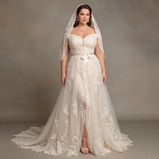 Photograph of a plus-size woman in an elegant, white, lace-trimmed wedding dress with off-shoulder sleeves and a long veil,