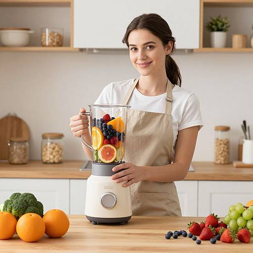 Photograph of a smiling brunette woman in a white shirt and beige apron, blending colorful fruits and berries in a kitchen blender, with fresh produce on