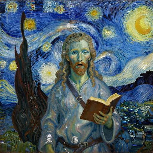Digital artwork of a bearded Jesus with long hair, wearing a white robe, reading a book under a swirling blue and yellow sky with stars and a