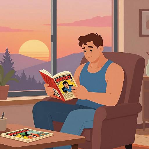 Muscular Man Reading Vintage Comic at Sunset