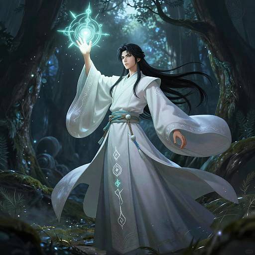 Digital fantasy artwork of a long-haired, black-haired mage in white robes, casting a glowing blue magical circle in a dark, enchanted forest.