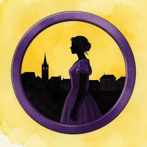 Silhouetted Victorian woman in dress, side profile, framed by purple circle against yellow sunset, with city skyline and church spire. Digital art