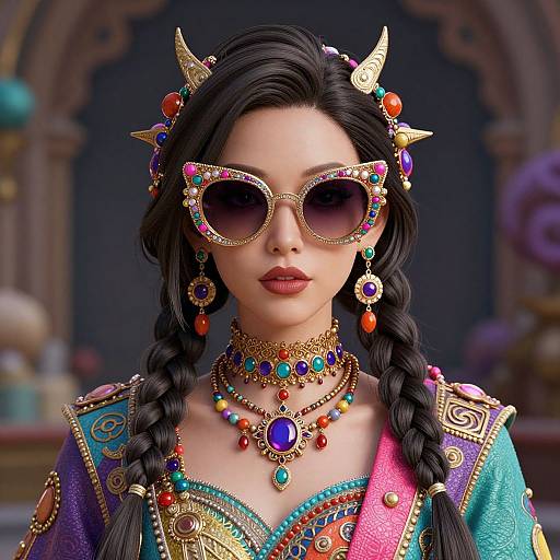 Digital art of an Asian woman with black braids, wearing ornate gold and colorful jewelry, large decorative sunglasses, and vibrant traditional attire, set against