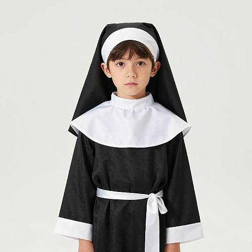 Photograph of a young boy dressed as a nun with a black habit, white wimple, and veil, set against a plain white background.