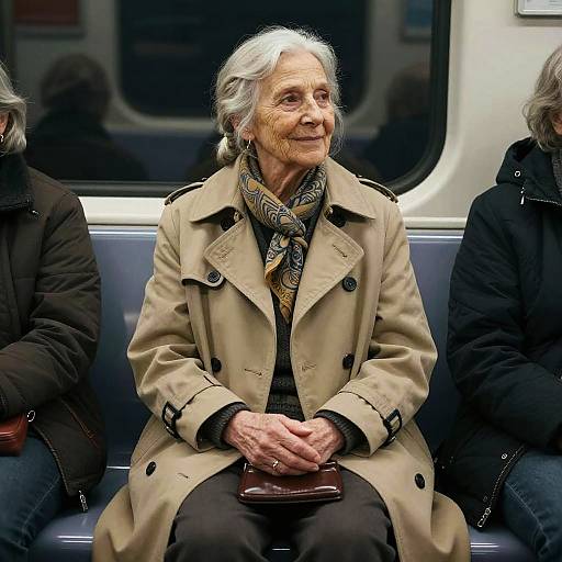 Wistful Elderly Woman in Subway Car