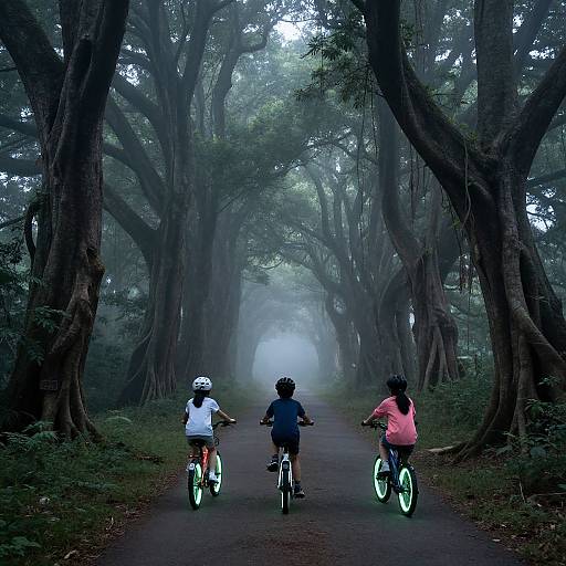 Photograph of three children on bicycles, wearing helmets, riding down a misty, tree-lined path with towering, shadowy trees.