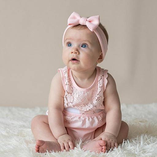 Cute Baby Girl in Pink Romper Sitting on Fluffy Rug