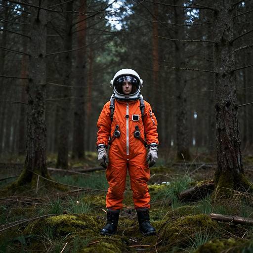 Person in Orange Astronaut Suit in Forest