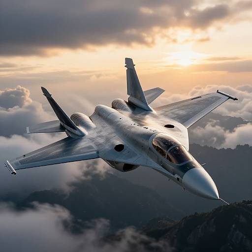 Photograph of a sleek, silver-gray fighter jet soaring through a dramatic, cloudy sky with a glowing sunset behind. Mountain peaks are visible below.