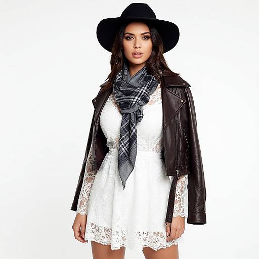 Photograph of a stylish woman with long dark hair, wearing a black wide-brim hat, white lace dress, black leather jacket, and a gray