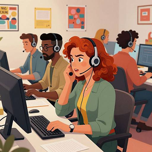 Vibrant Comic-Style Call Center Scene