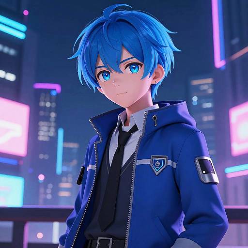 Anime-style digital drawing of a blue-haired boy with bright blue eyes, wearing a blue jacket over a black shirt and tie, in a neon-lit