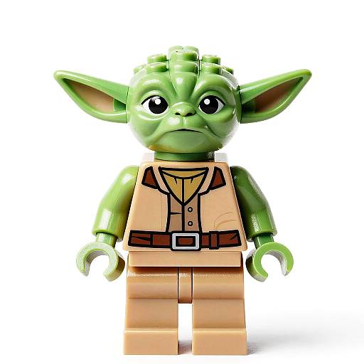 Photograph of a green LEGO minifigure resembling a small, horned goblin in beige vest and brown belt, with large ears and expressive eyes