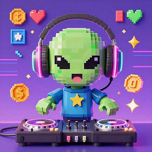 Pixel art of a green, alien DJ with black eyes, wearing a blue shirt and headphones, mixing music on turntables, against a purple background with