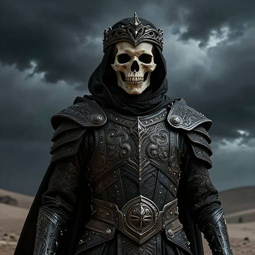 Photograph-style digital artwork of a skull-headed warrior in detailed black medieval armor, standing in a stormy desert landscape.