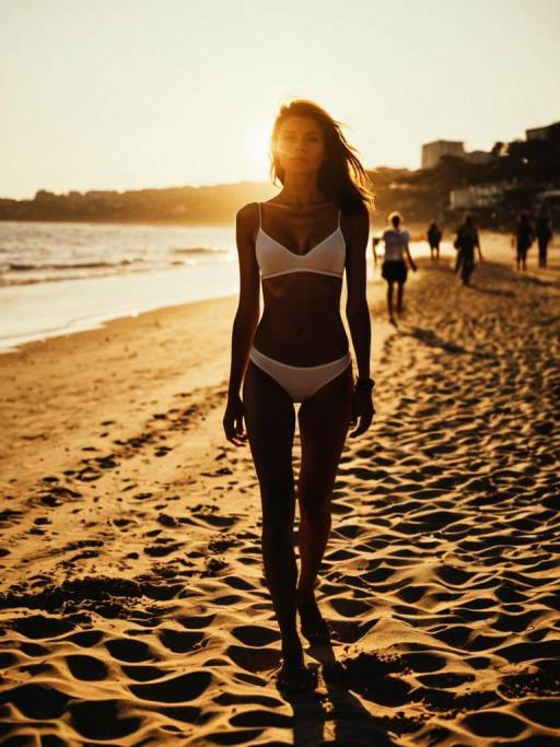 Woman Walking on Beach at Golden Hour