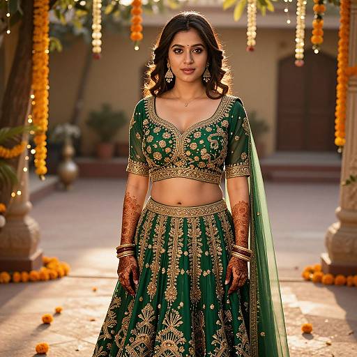 Photograph of a beautiful Indian woman in a green embroidered traditional lehenga, with intricate gold patterns, henna on her hands, and a green dup