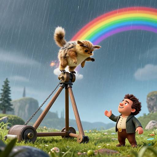 CGI image of a joyful brown-haired boy in a green jacket and brown pants, watching a fluffy fox on a camera tripod under a vibrant rainbow in