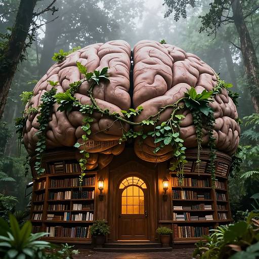 Photograph of a whimsical, forested library hut with a giant, pink, brain-shaped roof covered in vines, lit warmly by yellow lights,