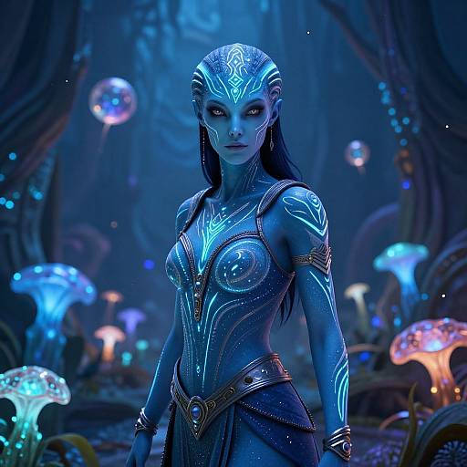 Digital art of a blue-skinned, glowing-eyed alien woman with intricate bioluminescent markings, standing in a mystical, bioluminescent forest