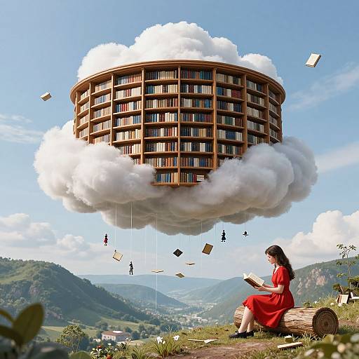Digital illustration of a woman in a red dress, sitting on a log, reading, with a floating library cloud above green hills. Books and silhou