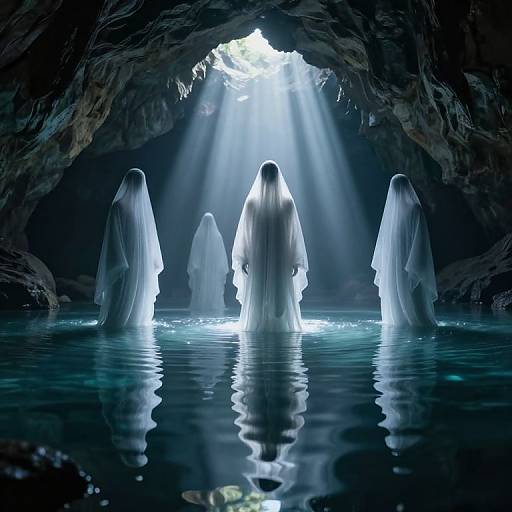 Digital artwork of five ghostly white figures in hooded robes standing in water inside a dark, illuminated cave entrance.