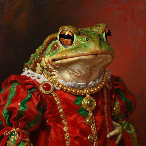Digital painting of a frog in elaborate, festive red and green Renaissance-style clothing with gold jewelry and pearl ruffle collar.