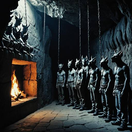 Chained Gargoyle Figures in Dark Cave with Fire