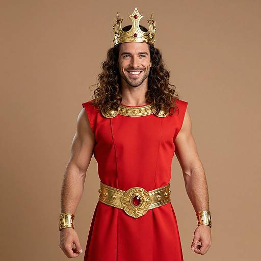 Photograph of a smiling man with long curly brown hair wearing a gold crown, red sleeveless tunic, and ornate gold belt and bracelets against