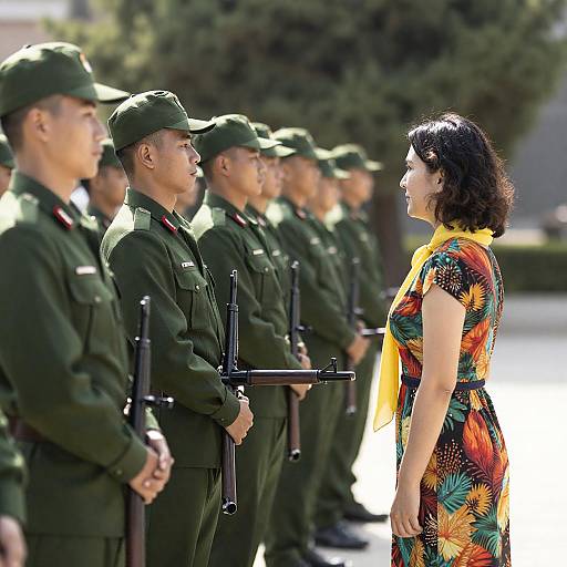 Vibrant Woman Confronts Line of Soldiers
