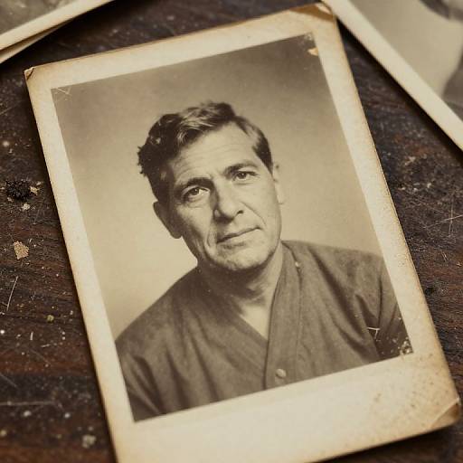 Sepia-toned photograph of an older man with short, dark hair, wearing a buttoned shirt, lying on a dark, textured surface.