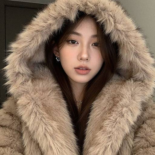 Photograph of an East Asian woman with fair skin, long brown hair, wearing a thick, fluffy beige fur hooded coat, looking directly at the