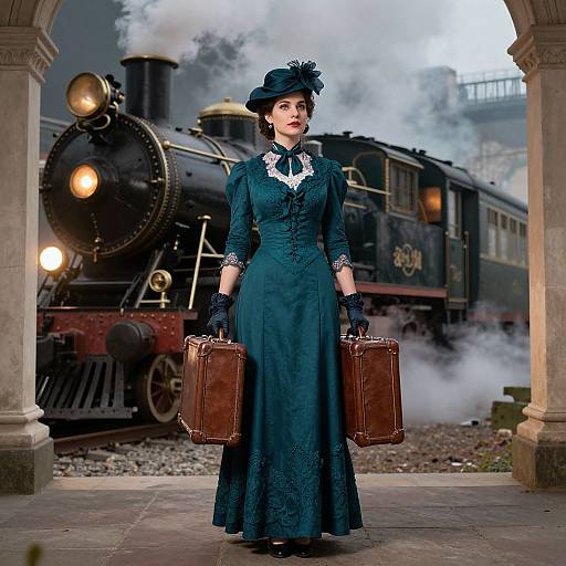 Photograph of a Victorian-era woman in a teal lace dress, black hat, gloves, and brown suitcases, standing in front of a steam locom