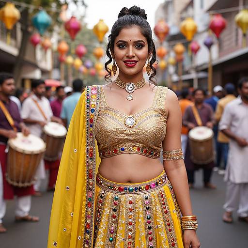 Photograph of a smiling Indian woman in a gold embroidered yellow saree and crop top, adorned with colorful jewels, standing in a festive street with drum