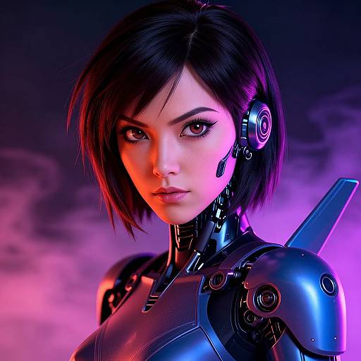 CGI image of a cybernetic Asian woman with short black hair, glowing pink and purple lighting, and futuristic armor, gazing intently.