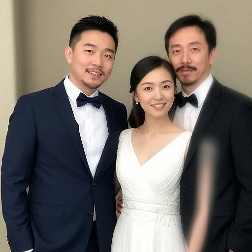 Photograph of a smiling Asian couple in formal attire; the man in a black tuxedo and bow tie, the woman in a white, textured