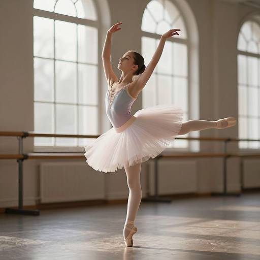 Photograph of a graceful ballerina in a white tutu and pink ballet shoes, standing en pointe, with arms raised, in a sun
