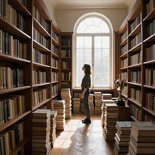 Photograph of a woman with curly hair, standing in a sunlit library aisle, surrounded by tall wooden bookshelves and stacks of books, facing
