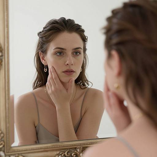 Photograph of a contemplative, fair-skinned woman with dark brown hair, wearing a beige spaghetti-strap top, gold earrings, and necklace,