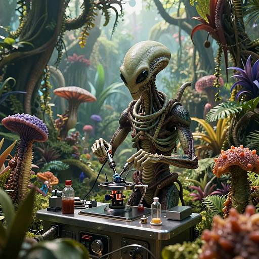 Digital CGI: Alien DJ with smooth, greenish skin and large head, mixing music in vibrant, exotic forest filled with colorful fungi.