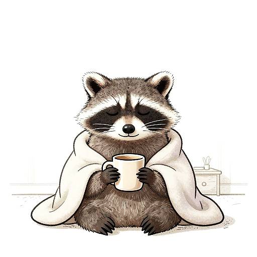 Cartoon raccoon in a white bathrobe, holding a mug, sitting and smiling, with a minimalist background and white bedding.