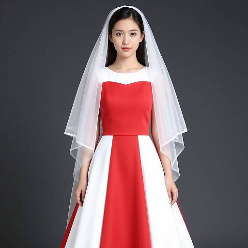 Photograph of an East Asian woman in a red and white dress with a long white veil, standing against a dark background.