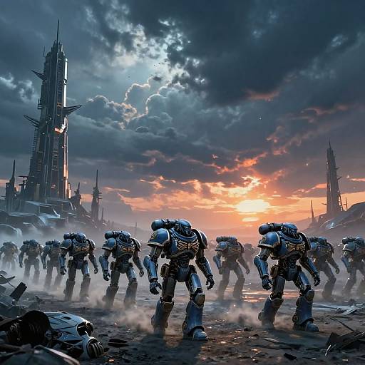 Digital artwork of robotic soldiers in blue armor marching towards a glowing sunset, with towering spires and clouds in the background. Dust clouds rise from the rocky